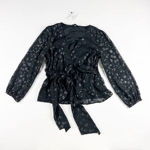 NEW J. Crew Tie Waist Wrap V Neck Long Sleeve Black Metallic Polka Dot Blouse L